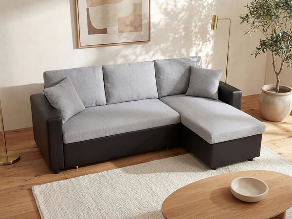 Gazur canapé d'angle convertible réversible 4 places tissu gris et noir