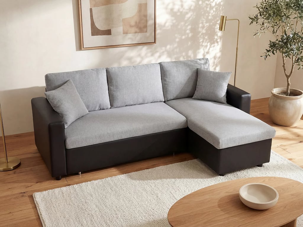 Canapé d'angle convertible et réversible en tissu gris clair et noir GAZUR II
