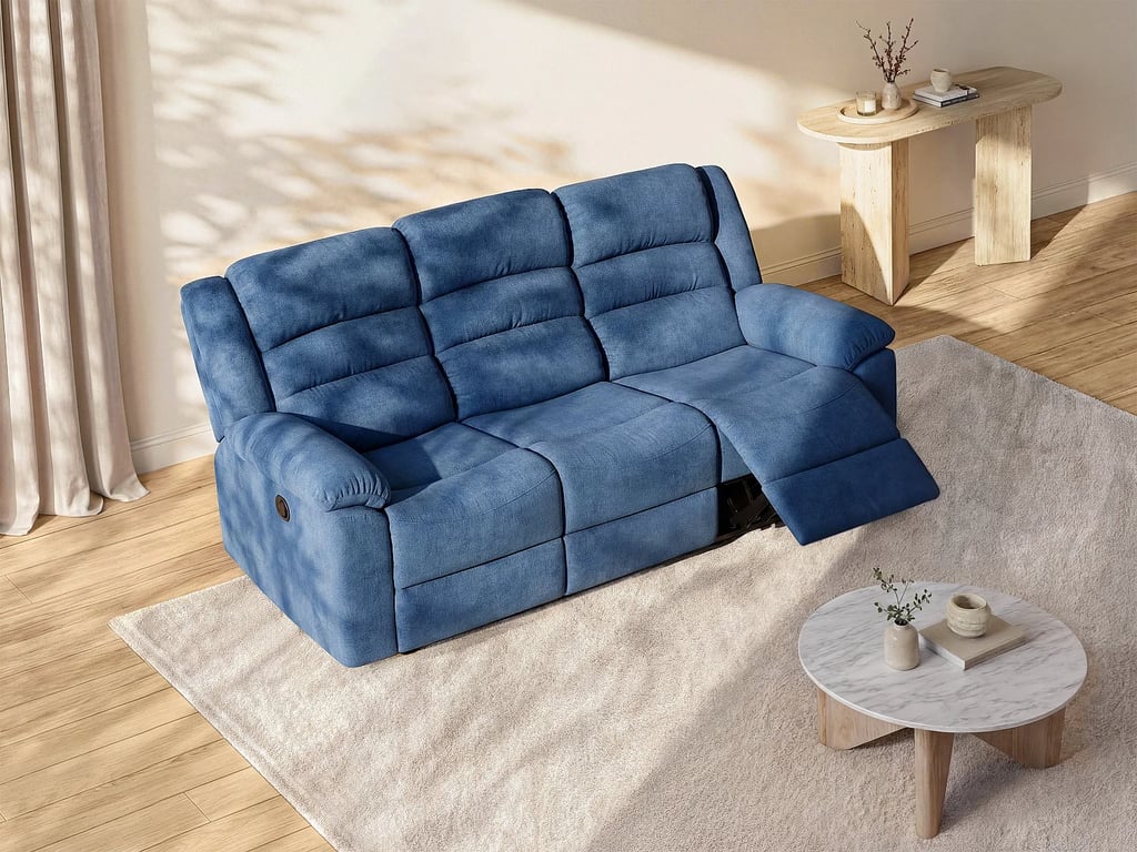 Canapé 3 places relax électrique en tissu bleu BUROLO
