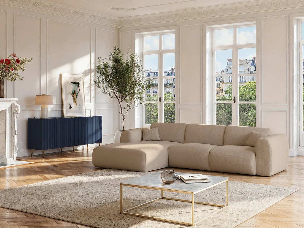 Produit similaire: Pogni canapé d'angle gauche 5 places velours côtelé beige