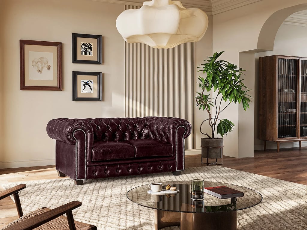 Canapé chesterfield 2 places BRENTON 100% cuir de buffle - Bordeaux