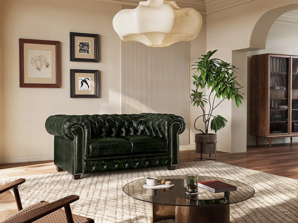 Canapé chesterfield 2 places BRENTON 100% cuir de buffle - Vert empire