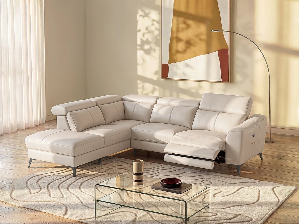 Canapé d'angle gauche relax électrique en cuir crème FORLO