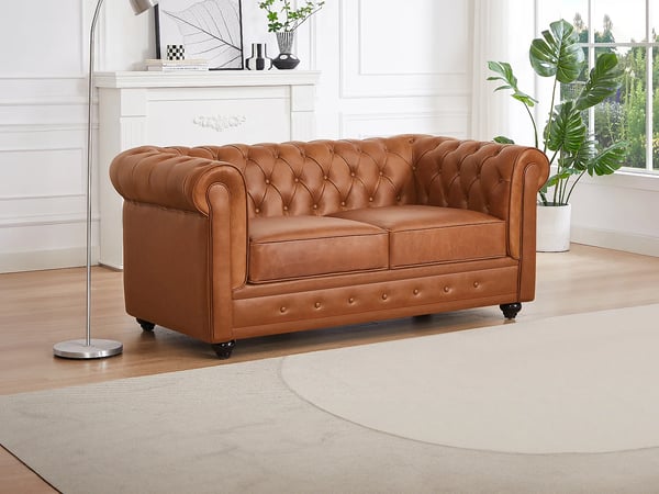 Chesterfield canapé 2 places cuir de vachette camel