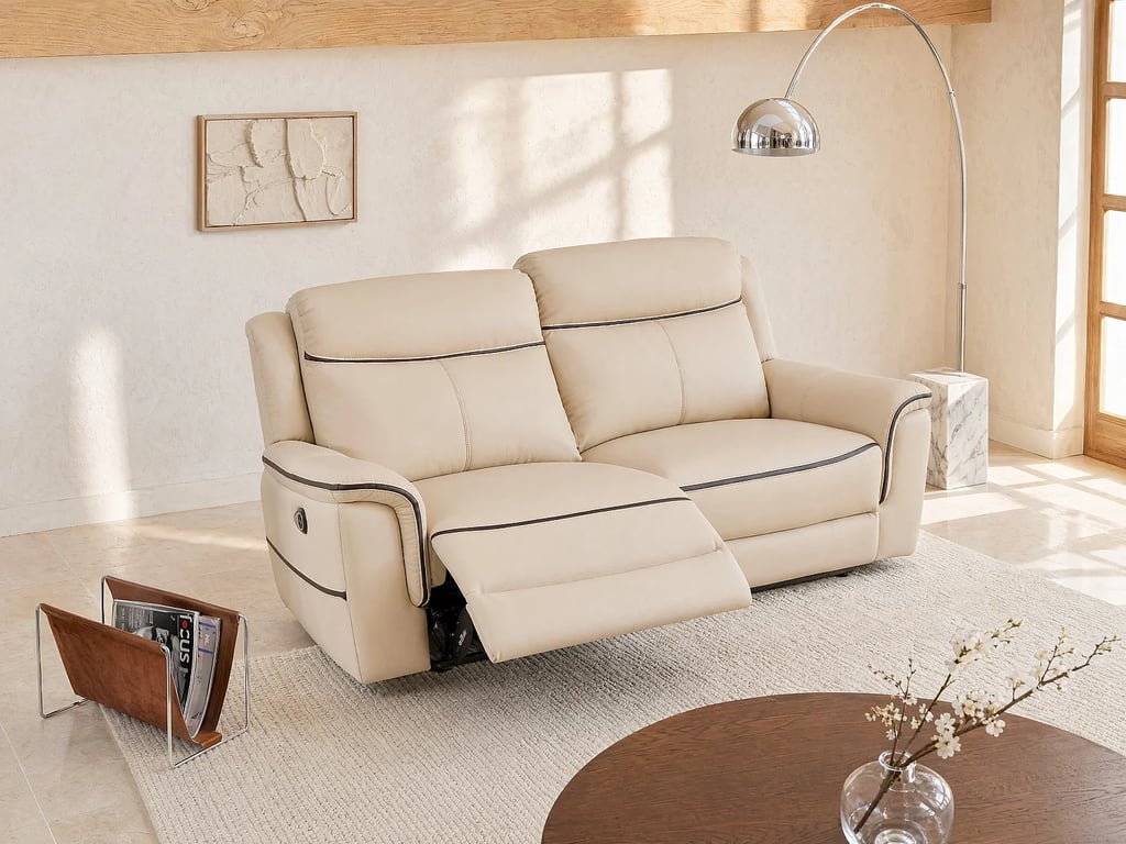 Canapé 3 places relax électrique en cuir beige ADELIO