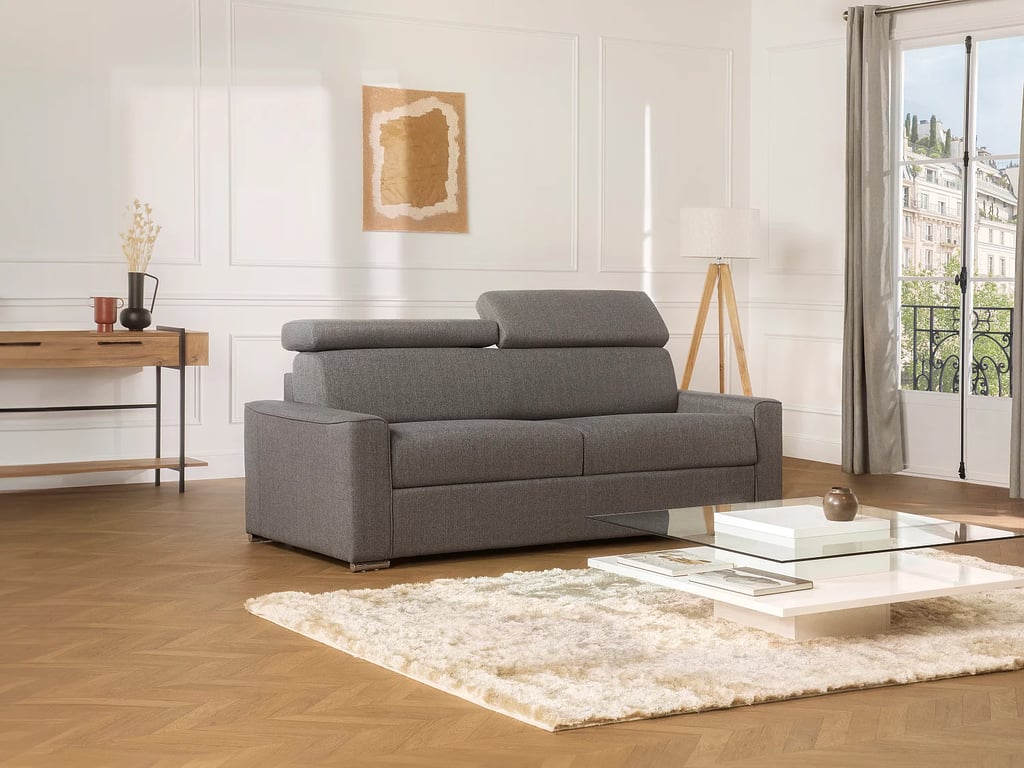 Canapé 4 places convertible express en tissu gris - Couchage 160 cm - Matelas 18 cm VIZIR