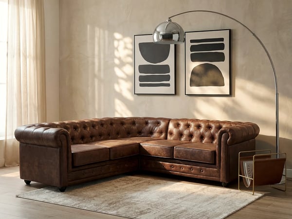 Chesterfield canapé d'angle réversible 5 places microfibre marron