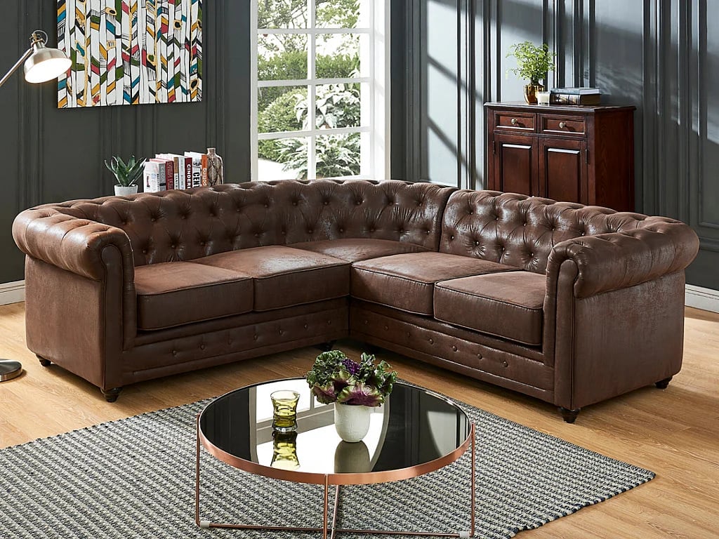 Chesterfield canapé d'angle réversible 5 places microfibre marron - Vue supplémentaire 2