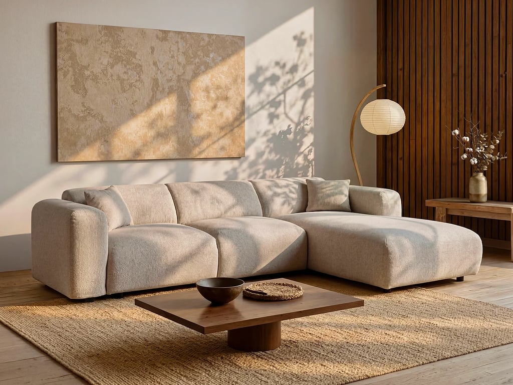 Produit similaire: Pogni canapé d'angle droit 5 places tissu chiné beige