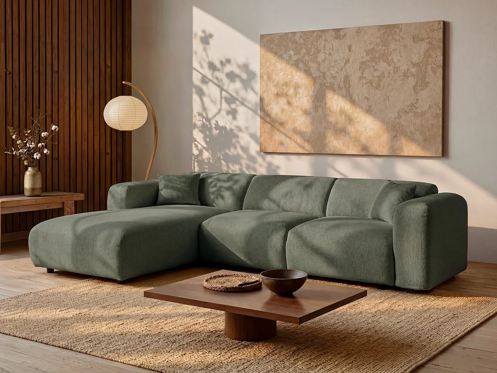 Produit similaire: Pogni canapé d'angle gauche 5 places tissu chiné vert