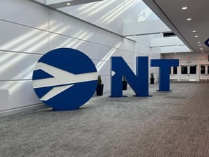 Ontario International Airport is an international airport two miles east of downtown Ontario, in San Bernardino County, California, United States, about 38 mi east of downtown Los Angeles and 18 mi west of downtown San Bernardino