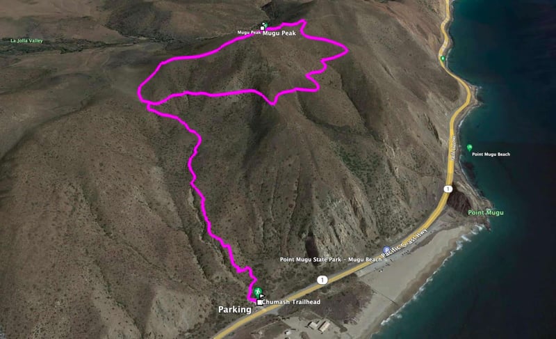 The Chumash Trail has multiple trailheads. One is located in Point Mugu State Park, accessible off of Pacific Coast Highway (PCH). The Chumash Trail trailhead is accessible off of PCH at this link. It is at the western tip of Point Mugu State Park, about 2 1/2 miles from where Las Posas Road connects to PCH in Camarillo, and about 10 miles from the intersection of Las Posas Road and Highway 101.  It is across the street (PCH) from a Naval Base Ventura County training range. Look for the left turn into a small dirt parking area that has space for perhaps 15 or so cars.