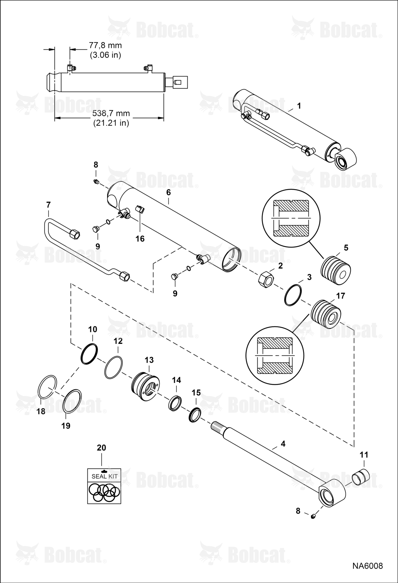 Tilt Cylinder (RH) (538,7 mm - 21.21" Case Tube Length) (38,1 mm - 1.5" OD Shaft) (W/O Piston Collar)