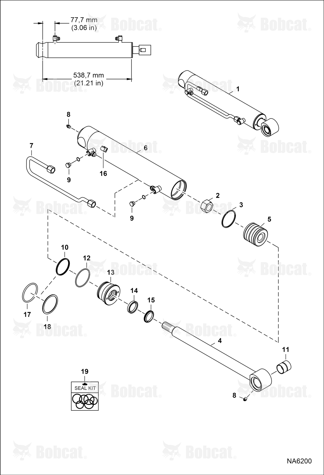 Tilt Cylinder (RH) (538,7 mm - 21.21" Case Tube Length) (41,3 mm - 1.625" OD Shaft) A3NT11001 - A3NT15430, A3NU11001 - A3NU12266