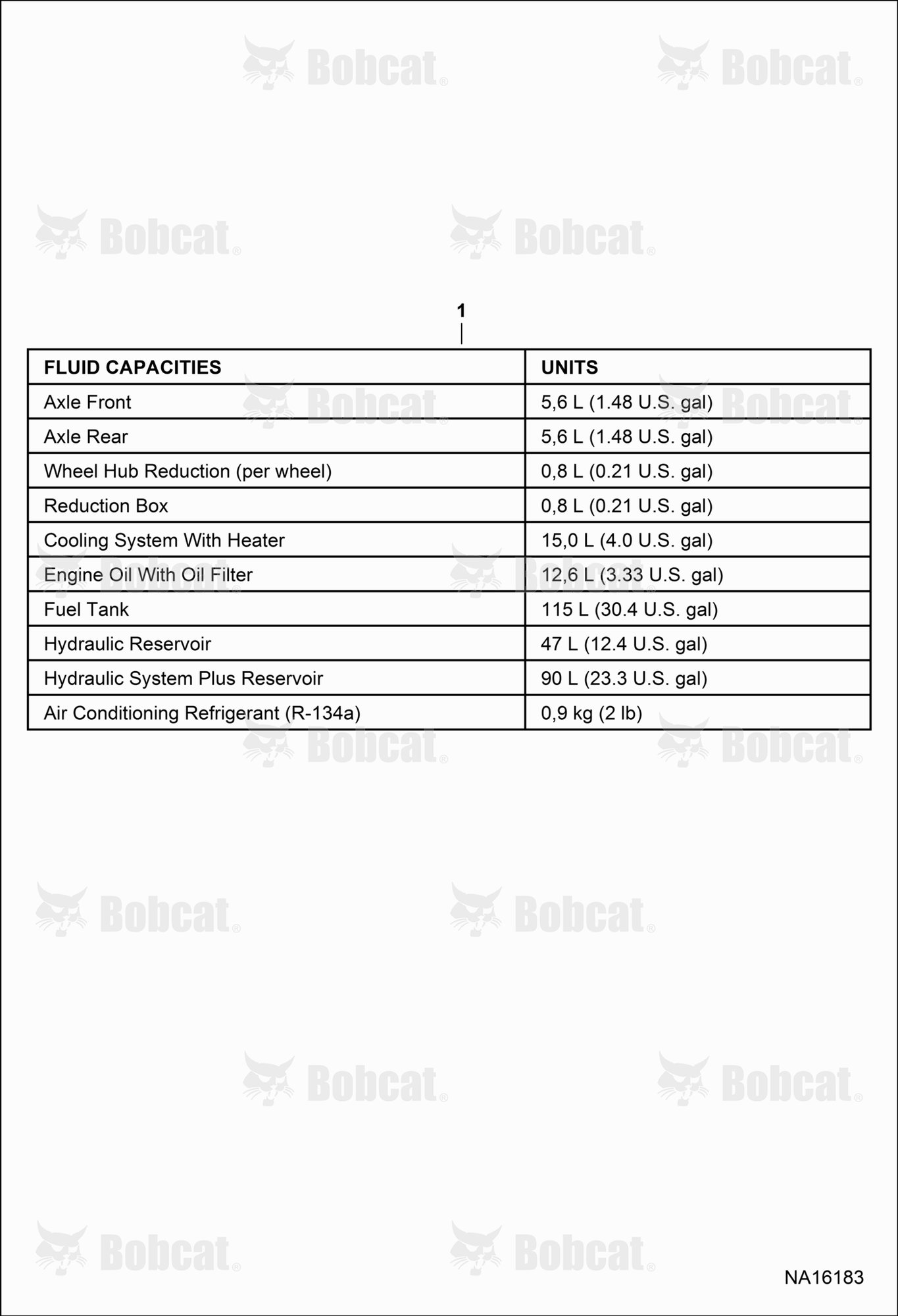 Maintenance Items (Fluid Capacities)