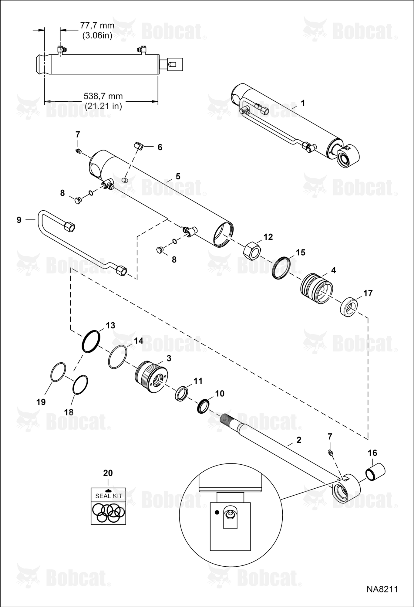Tilt Cylinder (RH) (538,7mm - 21.21" Tube Length) (38,1mm - 1.5" OD) (W/Piston Collar) ASRV12800 & Above