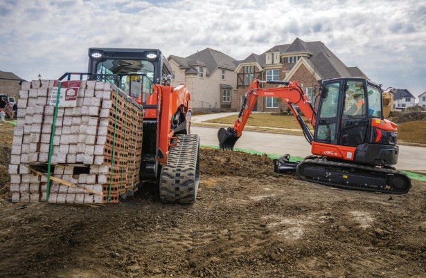 Kubota SVL97-3 track loader on construction site, compatible with KubotaNOW WorkSmart telematics