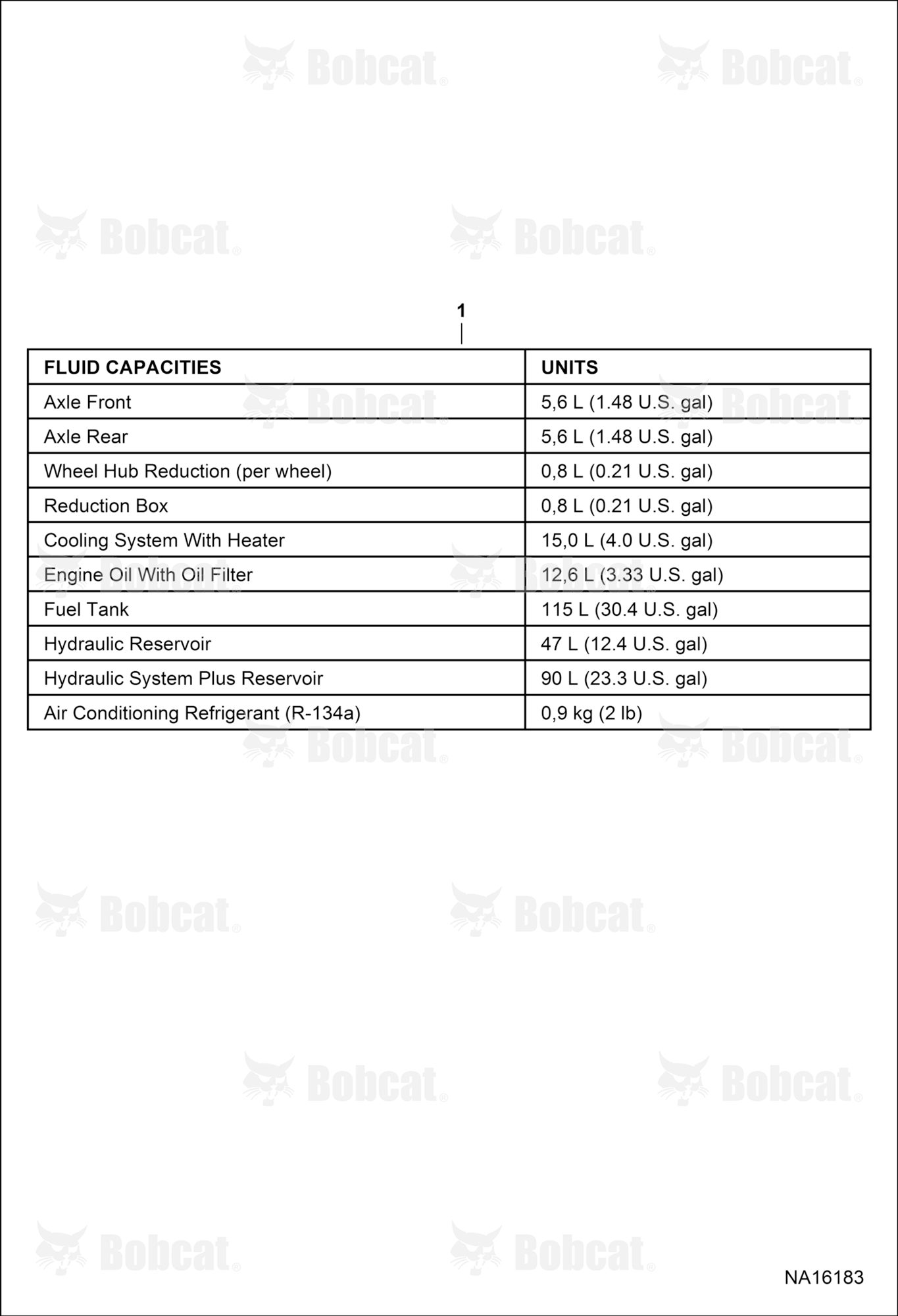 Maintenance Items (Fluid Capacities)