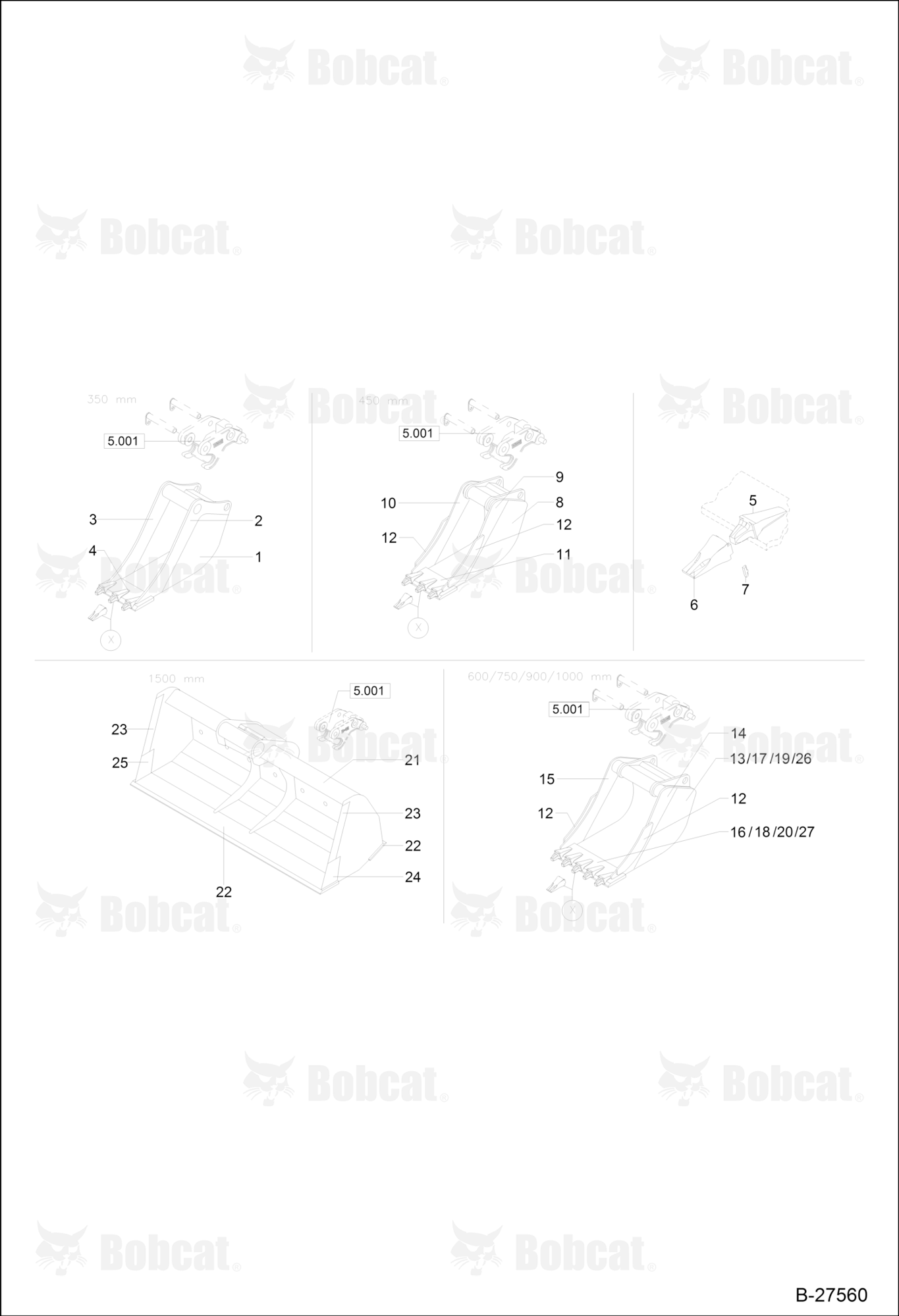 Bucket 350,450,600,750,900,1000,1500 mm (QUICKLY RELEASABLE)