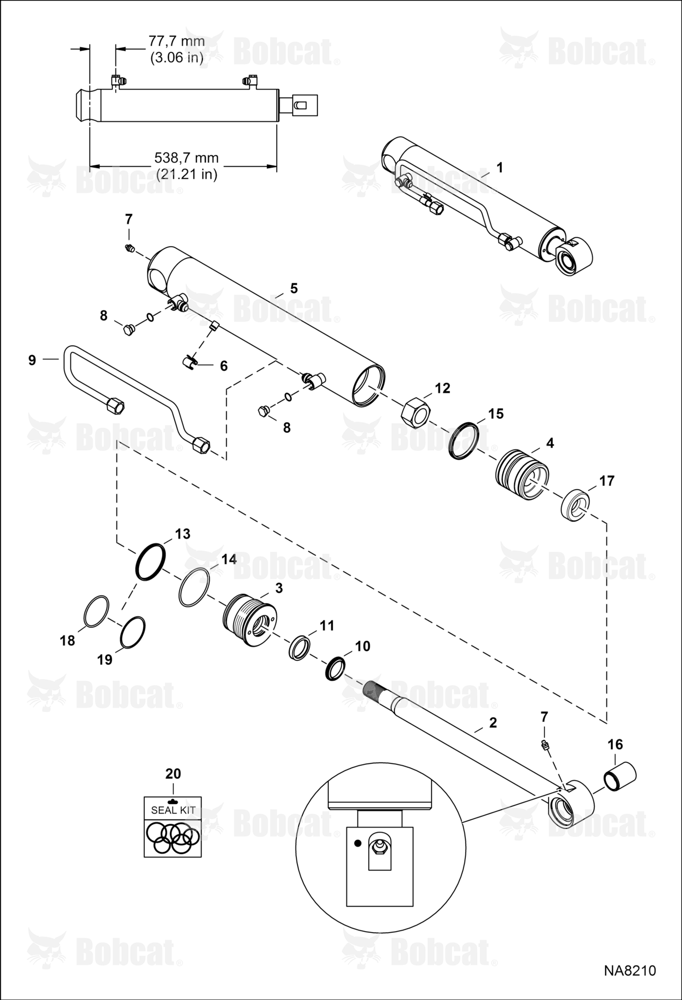 Tilt Cylinder (LH) (538,7mm - 21.21" Tube Length) (38,1mm - 1.5" OD) (W/Piston Collar) A3P612373 & Above, A3P712209 & Above