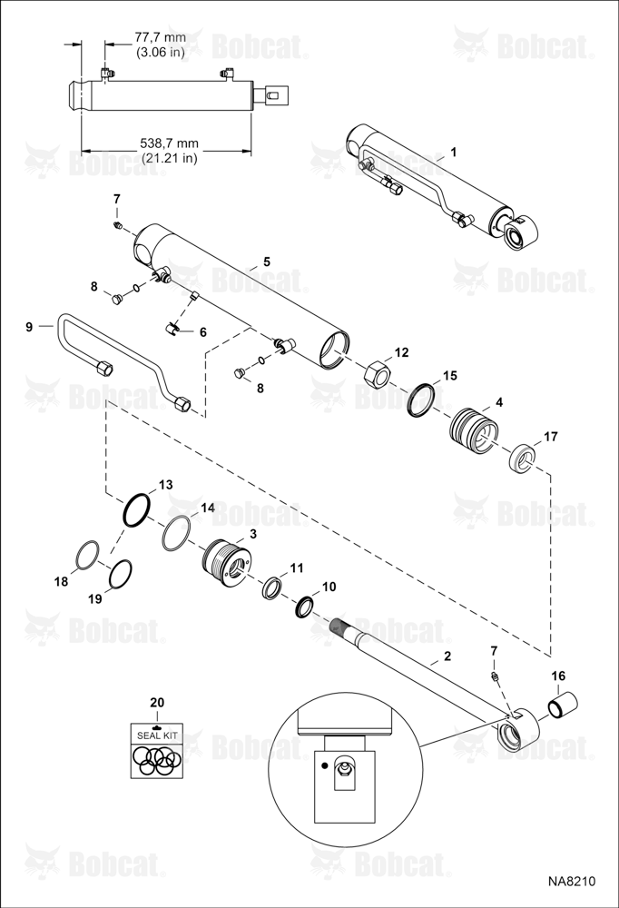 Tilt Cylinder (LH) (538,7mm - 21.21" Tube Length) (38,1mm - 1.5" OD) (W/Piston Collar) ASRV12800 & Above