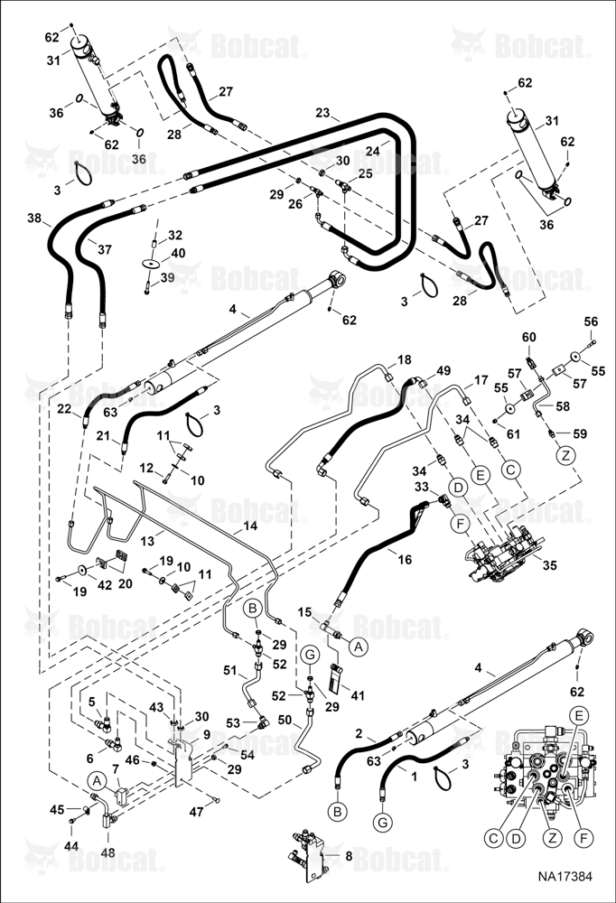 Hydraulic Circuitry (W/O BPV Junction Block) (Lift Cylinder Connection W/ Tee)