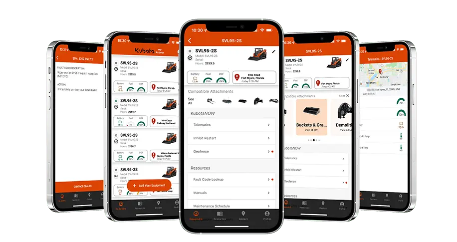 KubotaNOW telematics myKubota app interface on smartphone