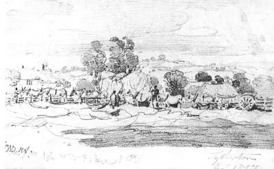 Haymaking at Tytherton, signed J WARD in 1807. note Bencroft Hill in background.