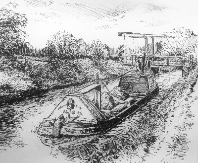 Impression of a laden narrowboat passing a lift bridge near Foxham circa 1895