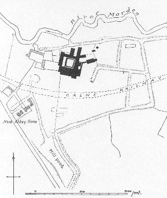 Plan showing the Abbey in relation to the cycle track (old railway) by Brakspear 1908.