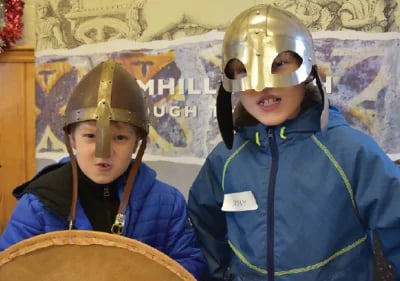 Maxi and Sebby guarding the village hall