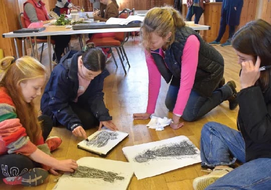 Sarah Jones brass rubbing with Darcy, Lily and India