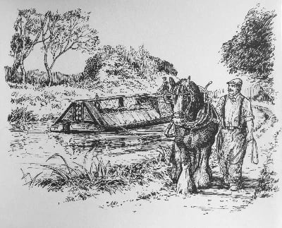 Horse-drawn laden narrowboat near Bremhill Grove in 1815