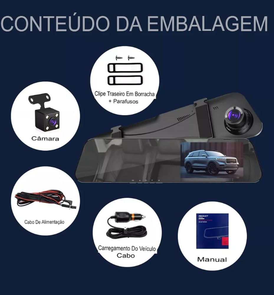 Espelho Retrovisor com Câmera Frontal Ré Monitor tela LCD