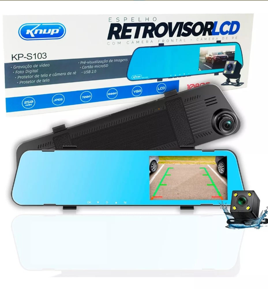 Espelho Retrovisor com Câmera Frontal Ré Monitor tela LCD