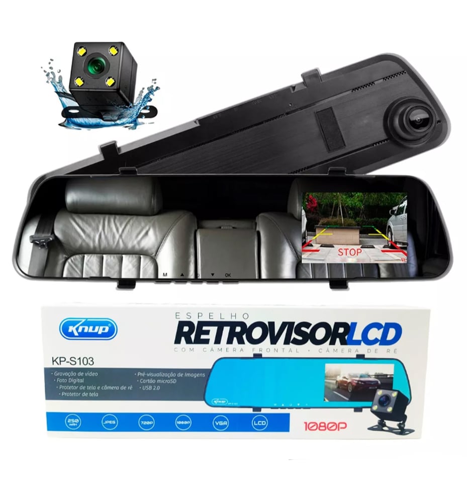 Espelho Retrovisor com Câmera Frontal Ré Monitor tela LCD