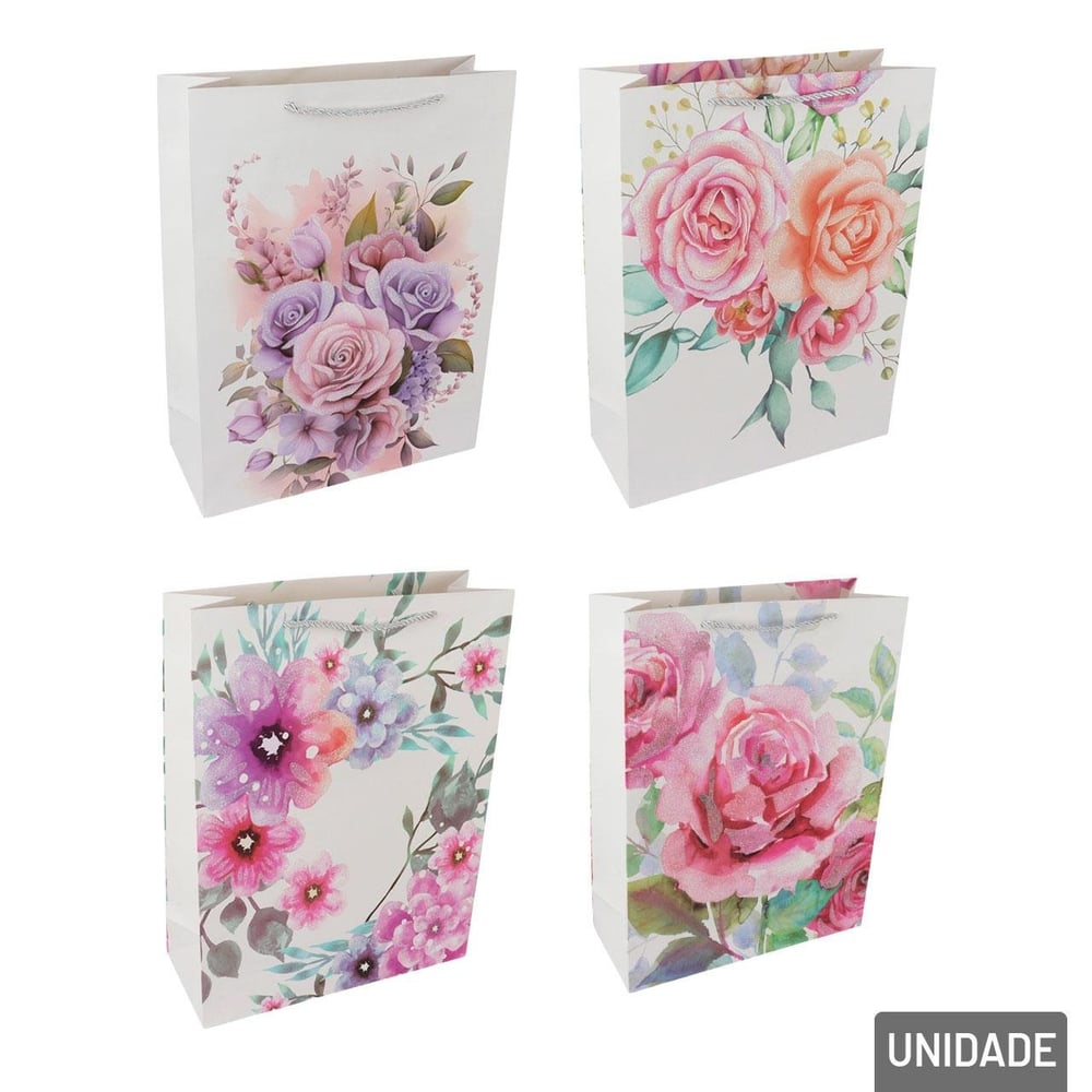 Sacola de Papel 40x30cm Flores Glitter Sortidas