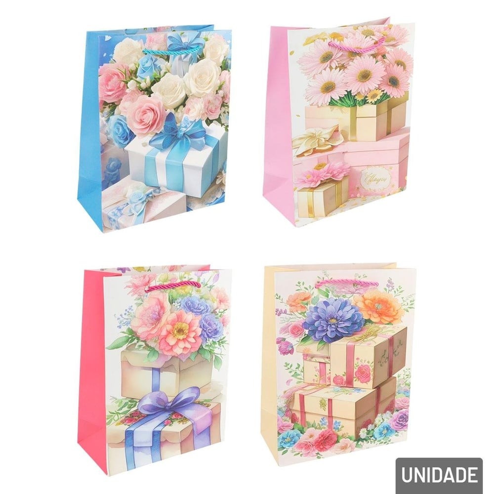 Sacola de Papel 23x18cm Flores Glitter Sortidas