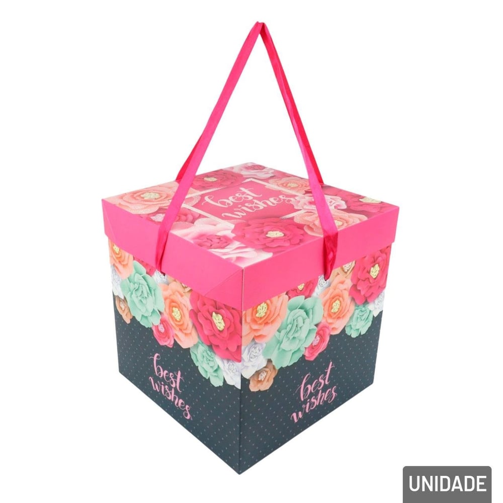 Caixa de Presente de Papel 22cm Rosas com Laço