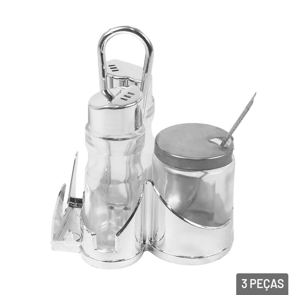 Galheteiro de Vidro 3 Pçs com Suporte Metal