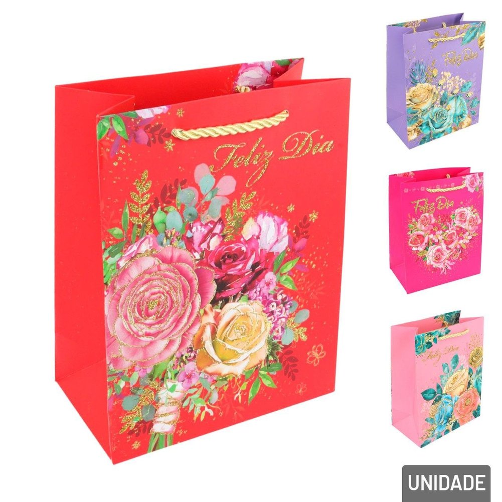 Sacola de Papel 23x18cm Flores Glitter Sortidas