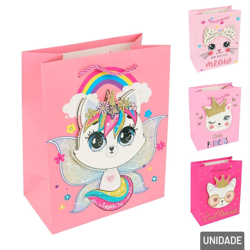 Sacola de Papel 23x18cm Gatos 3D Glitter Sortidos
