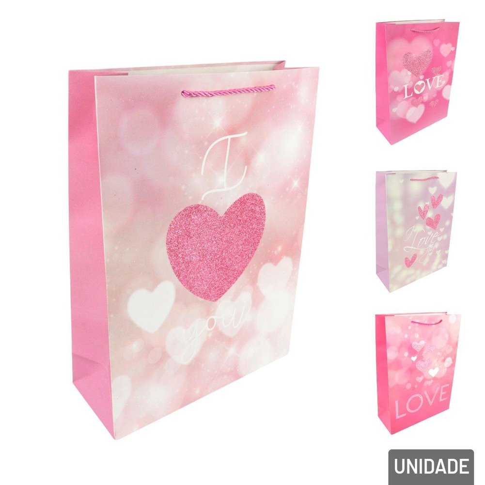 Sacola Papel 41,5x30cm Coração Frase Love Sortido