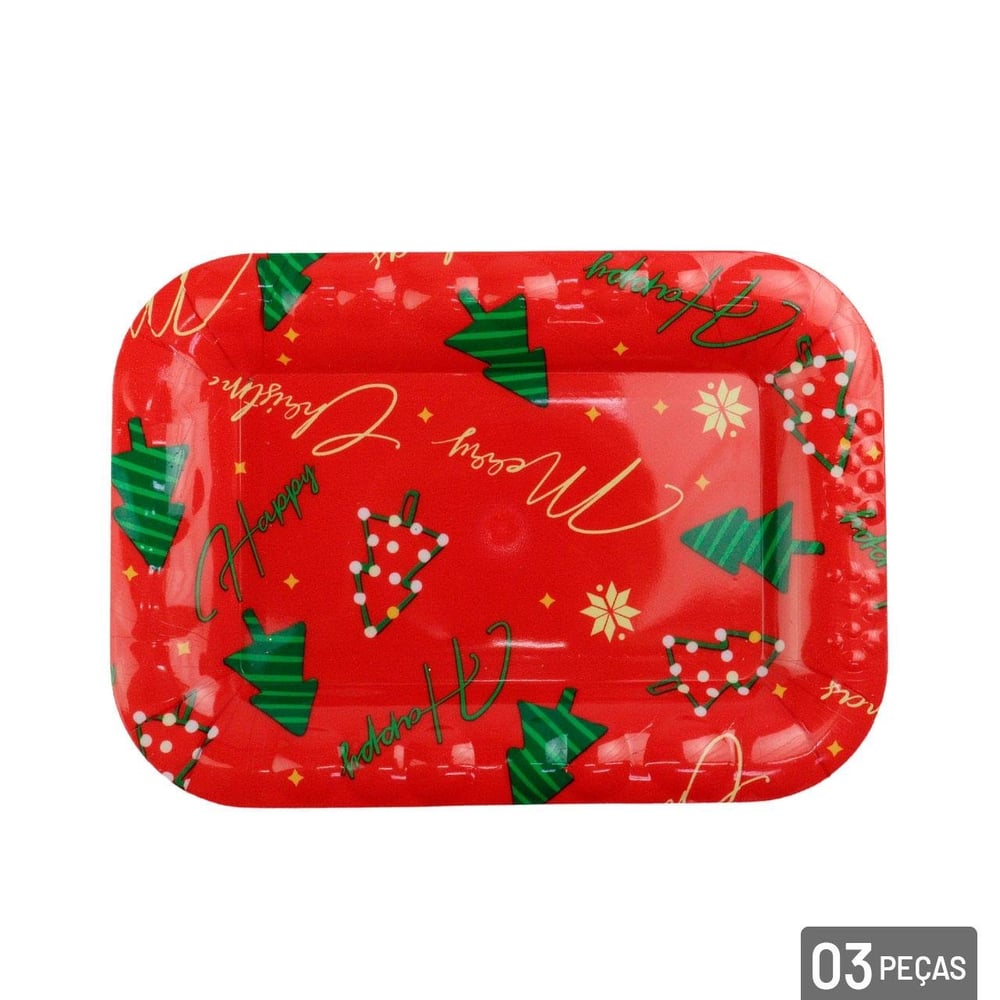 Prato Plástico 17cm 3 Pçs Retangular Figuras Natal