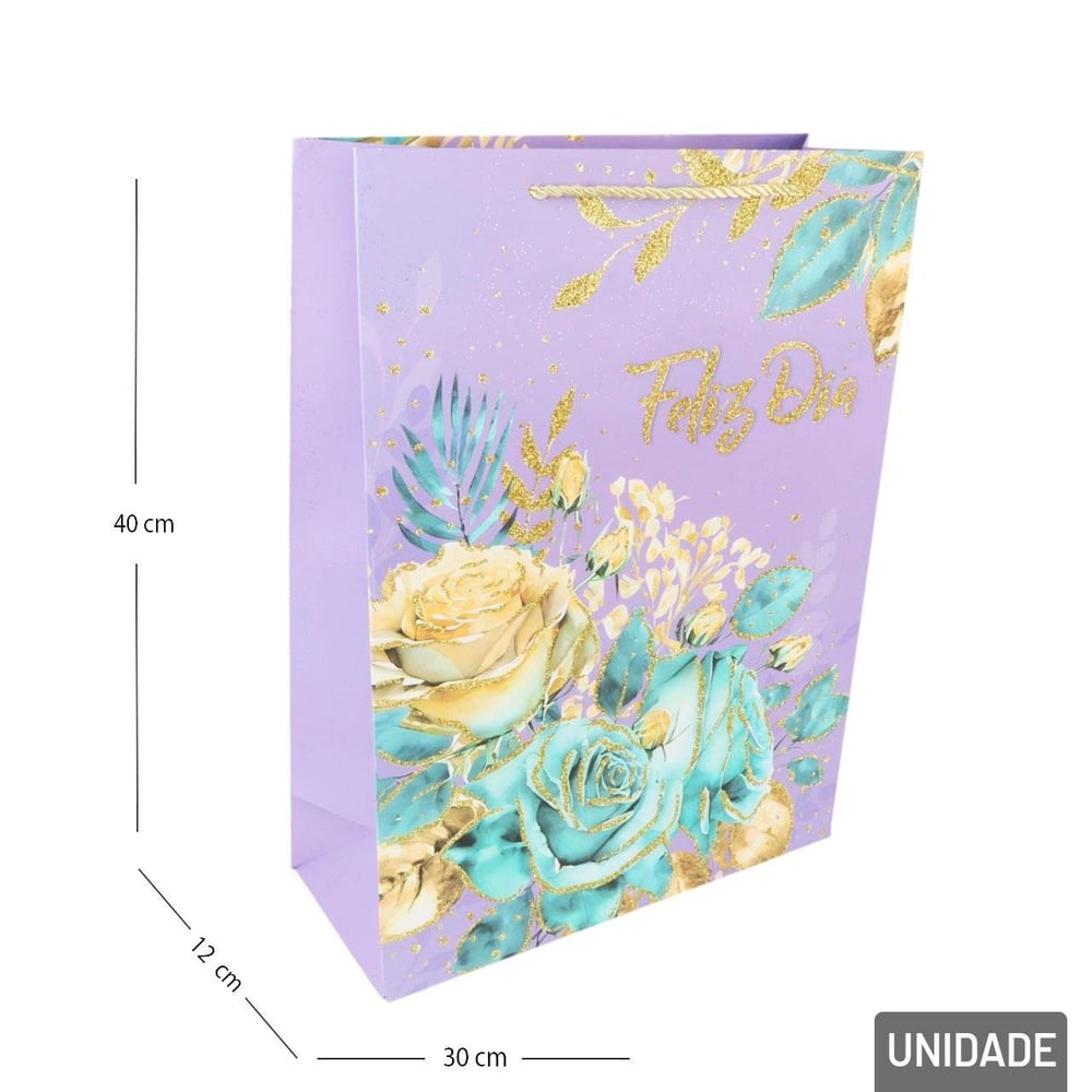 Sacola de  Papel 40x30cm Flores Glitter Sortidas