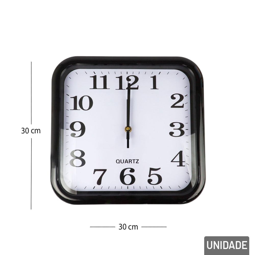 Relógio Analógico de Parede 30cm Quadrado Preto