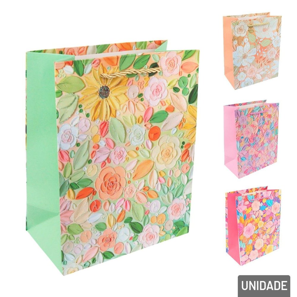 Sacola de Papel 23x18cm Flores Glitter Sortidas
