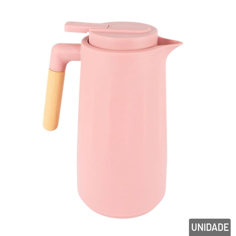 Garrafa Térmica Plástica 1L Rosa Cabo de Madeira