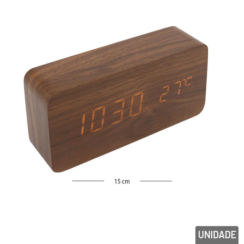 Relógio de Mesa Digital 15cm Madeira Despertador
