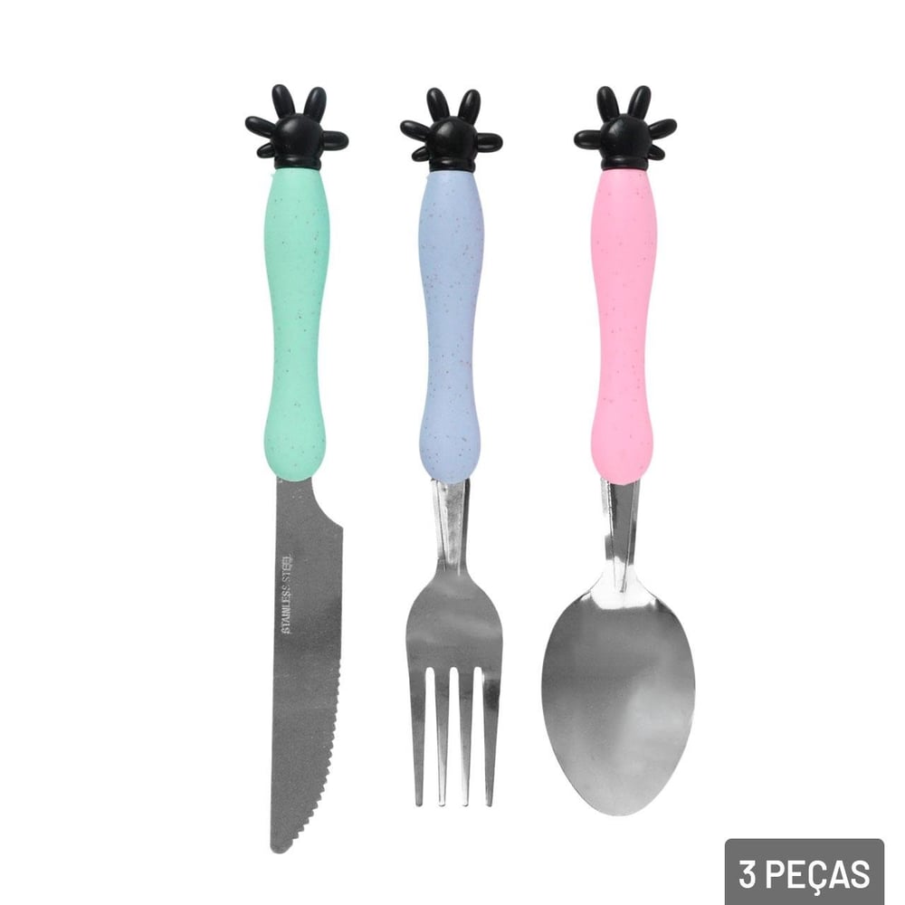 KIT Talher Inox 3 Peças Infantil Mão Color